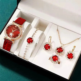 Buy red-watch-suit Fashion Watch Gift Suit Quartz Watch Necklace Bracelet Ring Stud Earrings