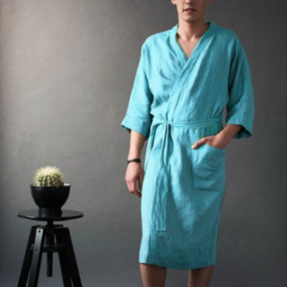 Men's And Women's Long Solid Color Linen Pajamas Robe Bathrobe