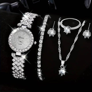 Buy silver-watch-suit1 Fashion Watch Gift Suit Quartz Watch Necklace Bracelet Ring Stud Earrings