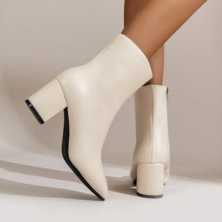 Buy off-white Chunky Heel Pointed Toe Boots With Side Zipper Fashion Mid-calf Boot For Women Shoes