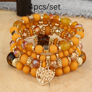 Buy yellow-coffee Multi-layer Hollow Heart Pendant Tassel Bracelet Suit