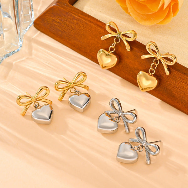 Stainless Steel Peach Heart Bow Necklace Ear Stud Ornament Suit