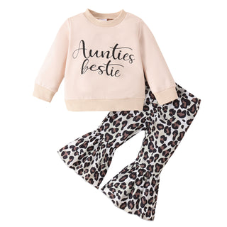 Buy aunties Parent-child Clothes Suit Clothes Girls&#39; Sweater Top Leopard Print Bell-bottom Pants