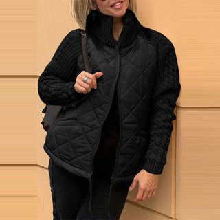 Buy black Stand Collar Cotton Jacket With Pockets Fashion Knitted Stitching Zipper Coat Winter Warm Tops For Women