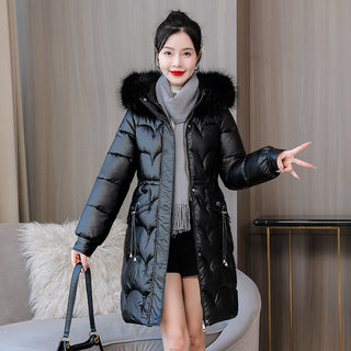 Buy 5168-black Glossy Women&#39;s Mid-length Thickened Warm Slim-fit Figure Flattering Fur Collar Cotton Clothes