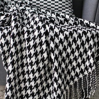 Buy black-and-white Houndstooth Tassel Woolen Blanket