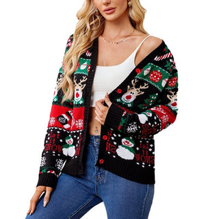 Buy black Loose Knitted Cardigan Sweater Coat Women&#39;s Casual Long-sleeved Christmas Sweater