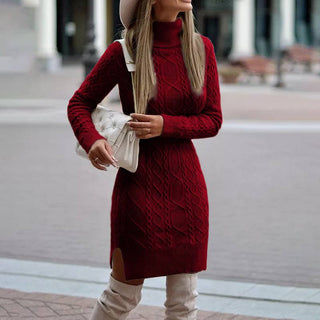 Buy wine-red Fashion Turtleneck Knitted Dress With Slit Design Winter Warm Solid Color Pullover Long Sweater Women&#39;s Clothing