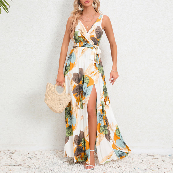 V-neck Floral Print Long Dress Summer Fashion Waist Tie Slit Design Sleeveless Dress