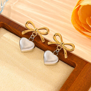 Buy g707-different-color-ear-studs Stainless Steel Peach Heart Bow Necklace Ear Stud Ornament Suit