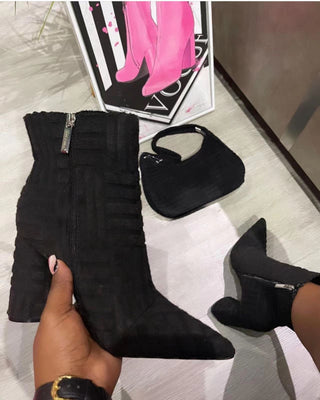 Buy black European And American Leisure Chunky Heel High Heel Pointed Boots Solid Color Towels Fabric