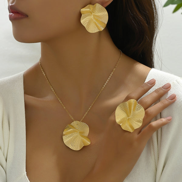 Original Design Niche European And American Pastoral Style Pleated Lotus Leaf Necklace Ring Suit Personalized Wild Earrings Jewelry