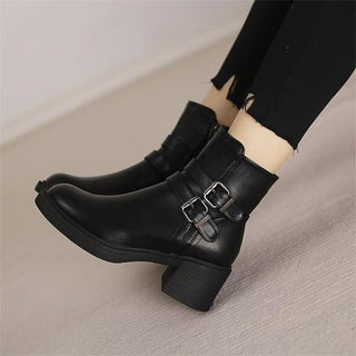 Buy black-single-liner Black Belt Buckle Round Toe Mid Heel Short Boots For Women