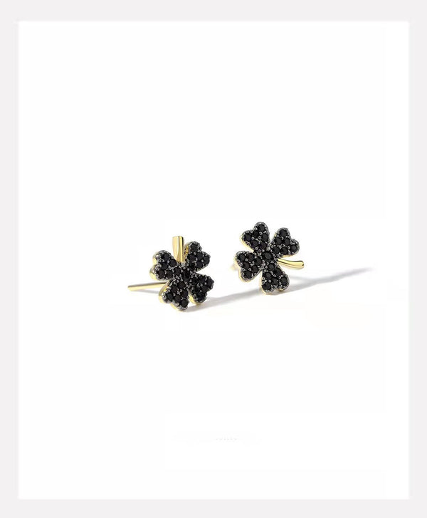 Simple Black Alloy Four Leaf Clover Ear Stud