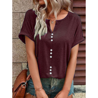 Buy dark-red Women&#39;s V-neck Buttons Short Sleeve Top