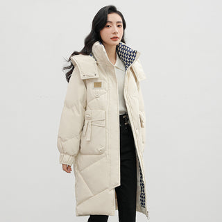 Buy white Detachable Hat Cotton Coat Over The Knee Padded Down Jacket