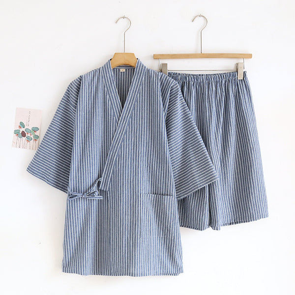 Cotton Washed Pajamas Suit Thin Striped Men's And Women's Japanese Couple Kimono Trousers Homewear Suit