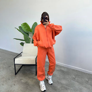 Buy orange-red Sports Suits With Pockets Stand-up Collar Zipper Cardigan And Drawstring Trousers Fashion Jogger Set Outfits Tracksuits Women&#39;s Clothing