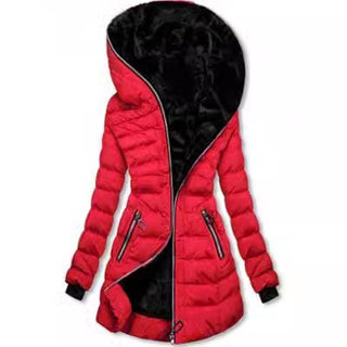 Buy red Women Hooded Warm Fleece Mid-length Padded Jacket