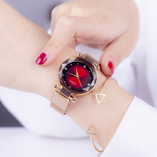 Buy l-rose-gold-rose-red Women&#39;s Starry Quartz Lazy Magnet Strap Iron-absorbing Watch