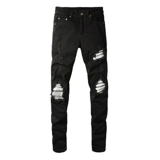 Buy black Men&#39;s Slim-fit Ripped Silver Patch Jeans