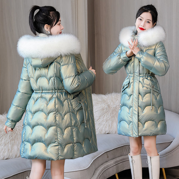 Glossy Women's Mid-length Thickened Warm Slim-fit Figure Flattering Fur Collar Cotton Clothes