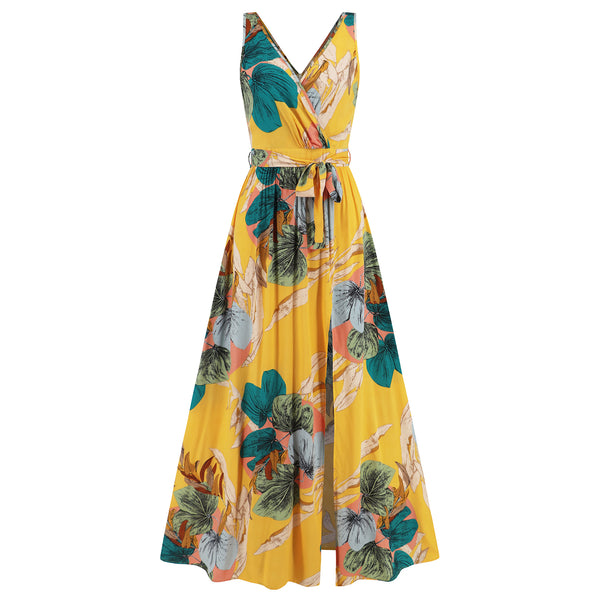 V-neck Floral Print Long Dress Summer Fashion Waist Tie Slit Design Sleeveless Dress