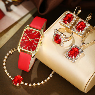 Buy red-5-pcs-set Leather Women&#39;s Watch Square Quartz Watch Korean Necklace Earrings Ring Set