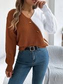 Casual V-neck Button Contrast Color Lantern Sleeve Pullover Sweater