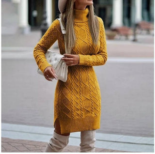 Buy yellow Fashion Turtleneck Knitted Dress With Slit Design Winter Warm Solid Color Pullover Long Sweater Women&#39;s Clothing