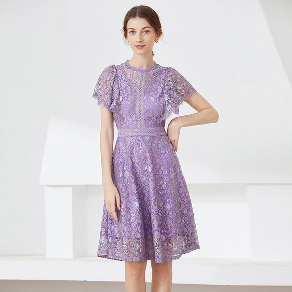 Lace Midi Dress Flying Sleeves Temperament Waist-controlled Slimming