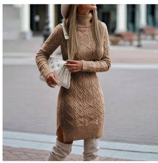 Buy camel Fashion Turtleneck Knitted Dress With Slit Design Winter Warm Solid Color Pullover Long Sweater Women&#39;s Clothing