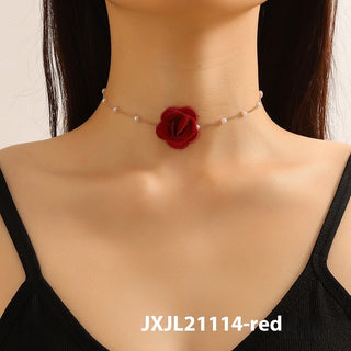 Buy red-flowers Vintage Chain Pearl Small Flower Necklace