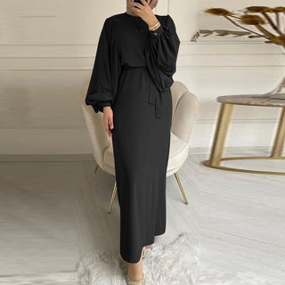 Buy black Solid Color Long Sleeve Casual Muslim Dress Robe Robe Dress