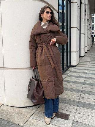 Buy coffee Fashion Large Lapel Long Coat Winter Warm Cotton Jacket With Pockets And Lace-up Design Casual Solid Color Thick Coat For Women