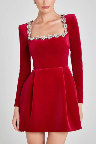 Buy red Women's Elegant Square Neck Long-sleeved Dress With Flowers Rhinestone Design