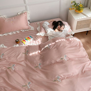 Buy tender-pink Washed Silk Bed Four Piece Bed Sheet Quilt Cover Sheet