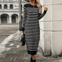 Slim Striped Printed Long Dress Fashion Autumn And Winter Long Sleeve Dresses