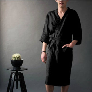 Buy black Men&#39;s And Women&#39;s Long Solid Color Linen Pajamas Robe Bathrobe