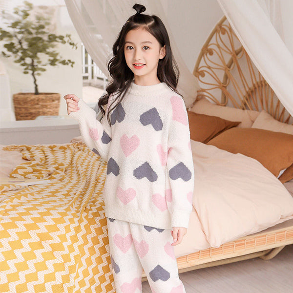 Girls' Pajamas Flannel Thickened Warm Big Kids Suit Coral Fleece Children's Home Service