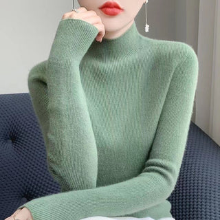 Buy grass-green Warm Long Sleeves Knitted Half Turtleneck Women&#39;s Base Shirt