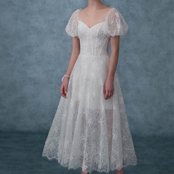 Lace Puff Sleeve Hollow White Dress