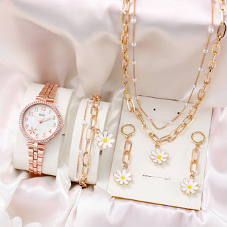 Buy rose-gold-watch-suit Fashion Watch Gift Suit Quartz Watch Necklace Bracelet Ring Stud Earrings