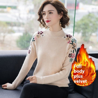 Buy beige-add-velvet Women&#39;s New Loose High Collar Bottoming Shirt