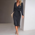 Women V-neck Long Sleeve Knitted Tied Dress