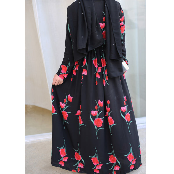 Fashion Rose Print Robe Dubai Dress