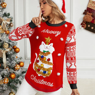 Jacquard Pullover Christmas Cartoon Kitten Embroidered Sweater