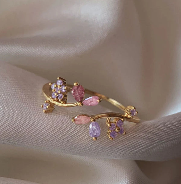 Retro Multi-element Cute And Sweet Pink Heart-shaped Butterfly Flower Open Ring