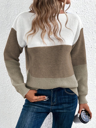 Buy brown Pullover Knitted Sweater Fashion Round Neck Splicing Knitwear Loose Top Women&#39;s Clothing