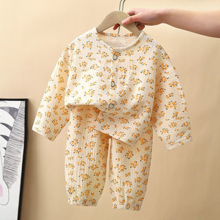 Buy yellow-small-flower Cartoon Cotton Children&#39;s Pajama Set